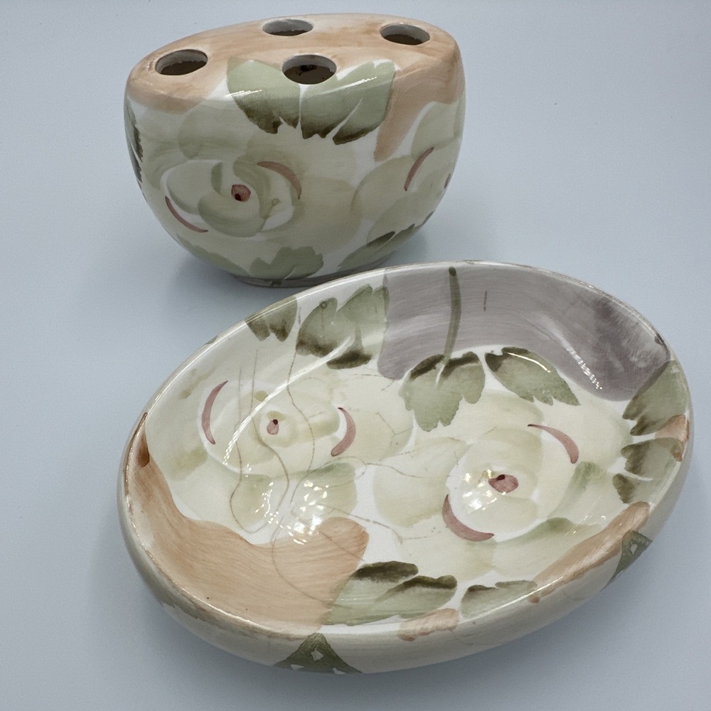 Vintage 90s Floral Ceramic Toothbrush Holder Soap Dish Set Botanical Peach‎ Sage